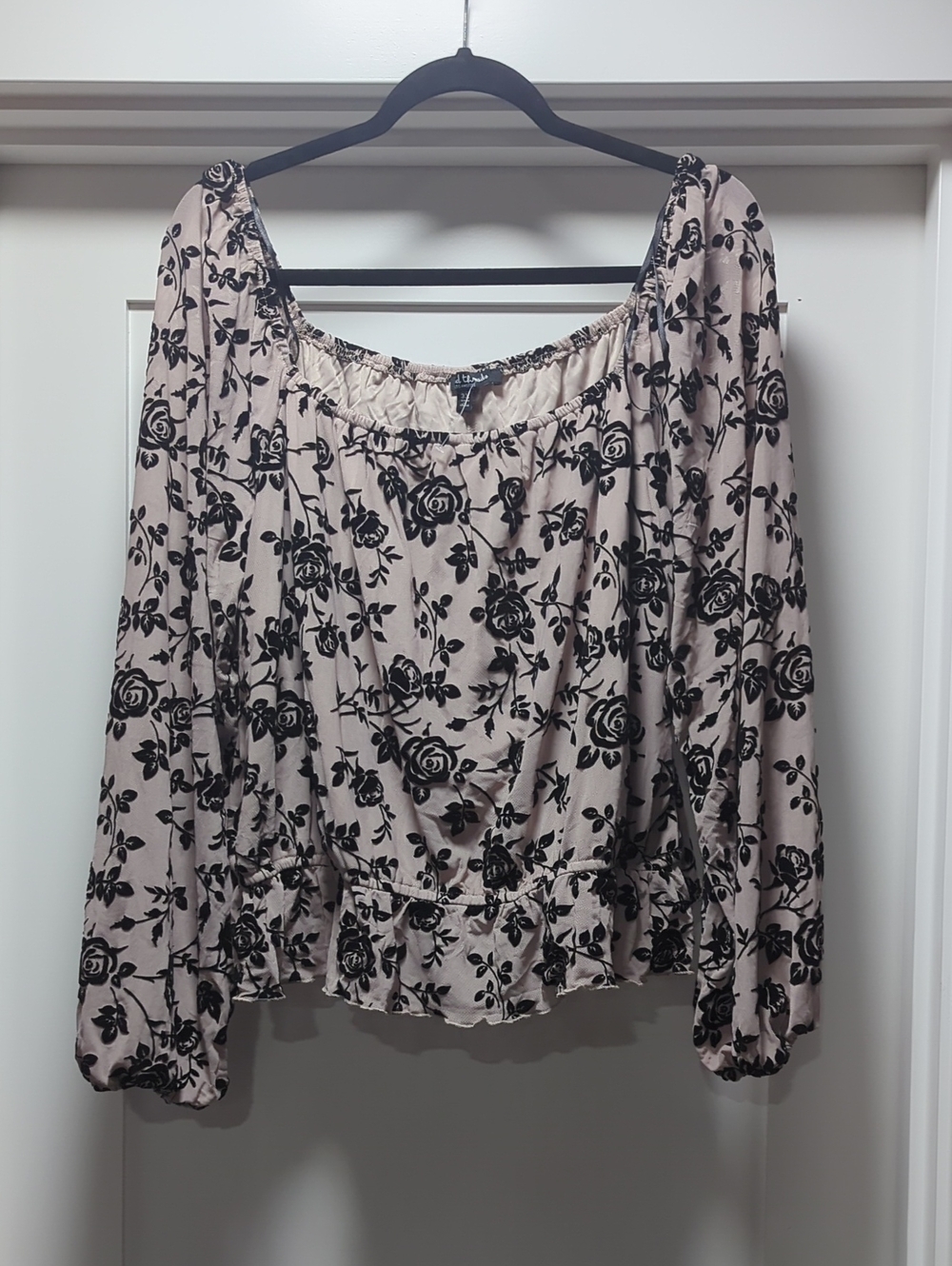 Unbranded Pink Floral Peasant Blouse with Black Rose Print